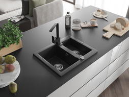 Mexen Carlos granite sink 1.5-bowl with Rita kitchen tap, black/silver metallic - 6518-73-670300-70
