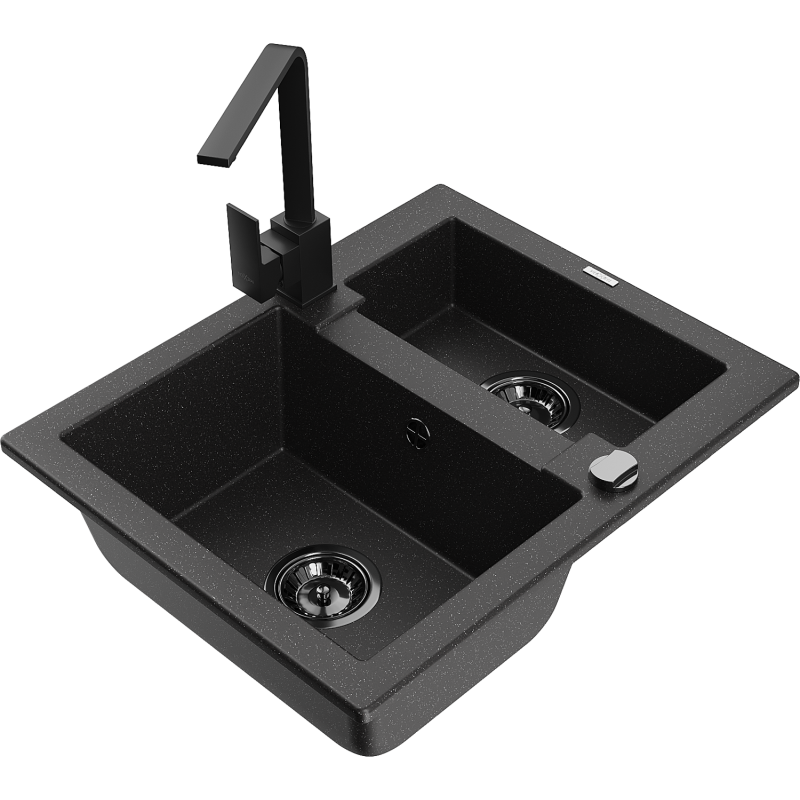 Mexen Carlos granite 1.5-bowl sink with Rita kitchen tap, black/silver metallic - 6518-73-670300-70-B