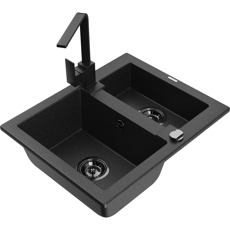 Mexen Carlos lava-loiça de granito de 1,5 bacia com misturadora de cozinha Rita, preto/prateado metálico - 6518-73-670300-70-B