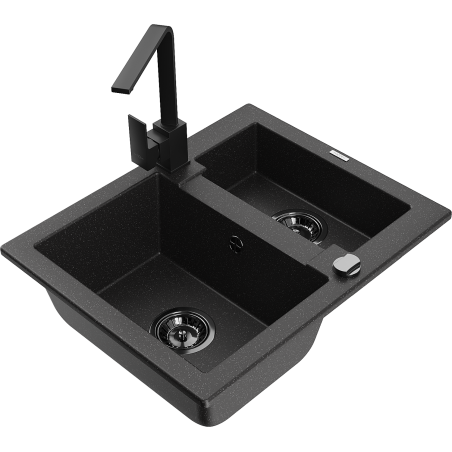 Mexen Carlos évier en granit 1,5 cuves avec robinet de cuisine Rita, noir/métallisé argent - 6518-73-670300-70-B