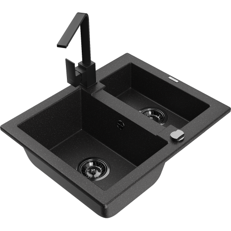 Mexen Carlos granite 1.5-bowl sink with Rita kitchen tap, black/silver metallic - 6518-73-670300-70-B