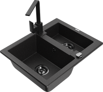 Mexen Carlos granite 1.5-bowl sink with Rita kitchen tap, black/silver metallic - 6518-73-670300-70-B