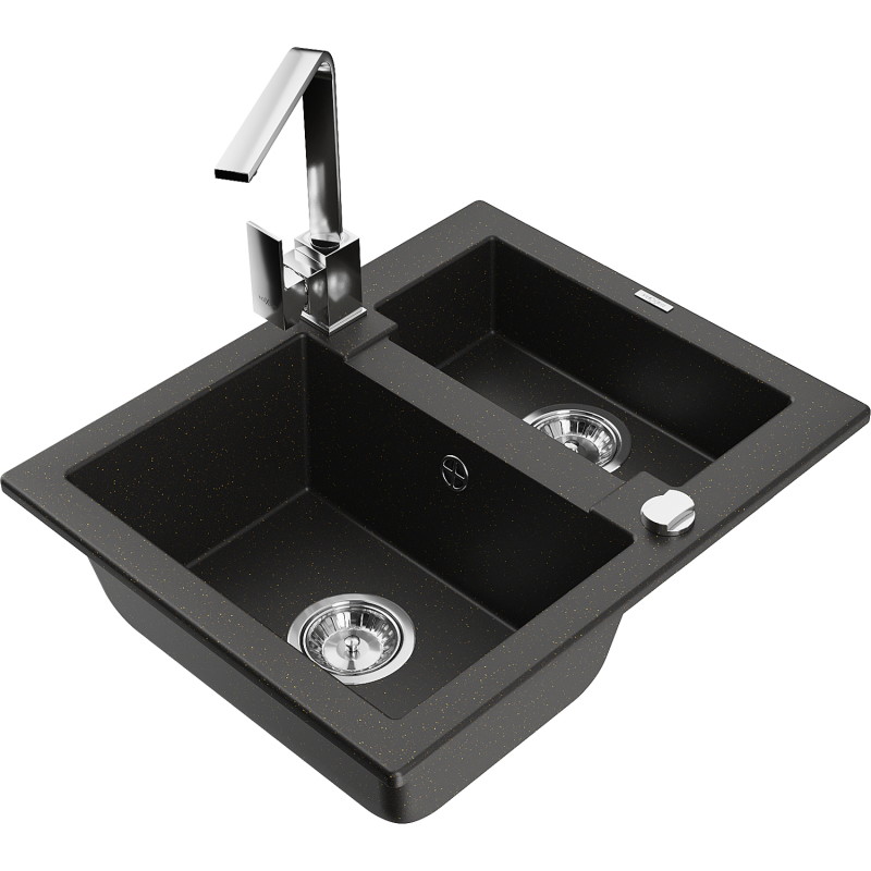 Mexen Carlos 1,5-komorige granieten spoelbak met Rita keukenmengkraan, zwart/goud metallic - 6518-75-670300-00