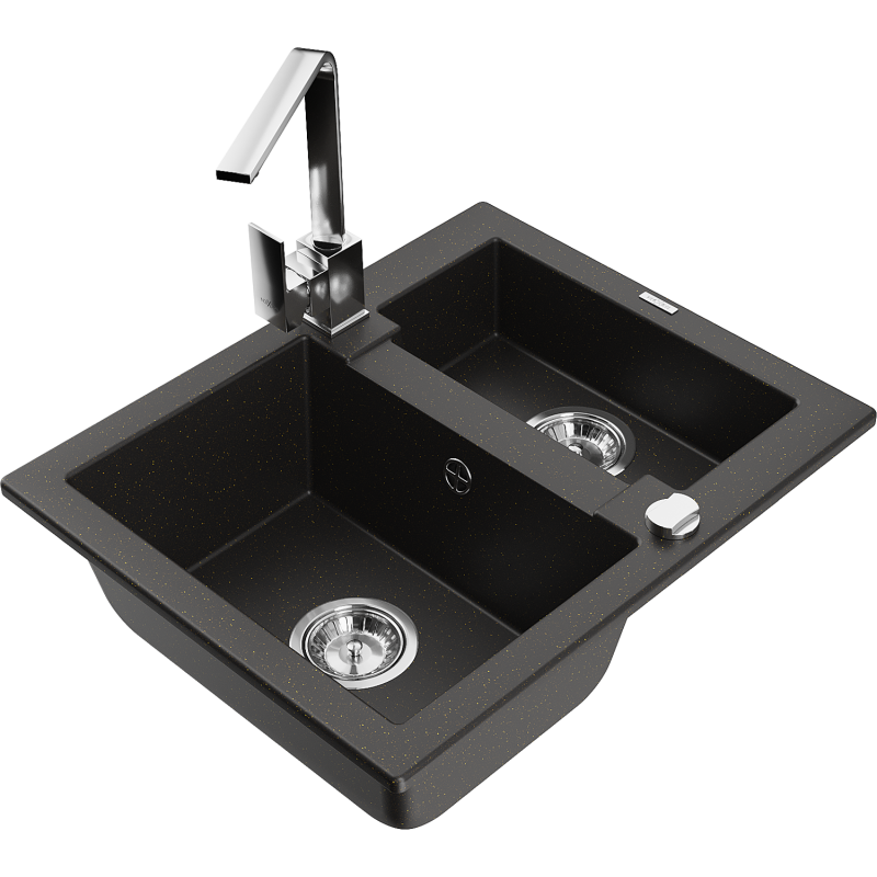 Mexen Carlos lavello in granito 1,5 vasche con miscelatore cucina Rita, nero/oro metallizzato - 6518-75-670300-00