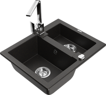 Mexen Carlos granite sink 1.5-bowl with Rita kitchen tap, black/gold metallic - 6518-75-670300-00