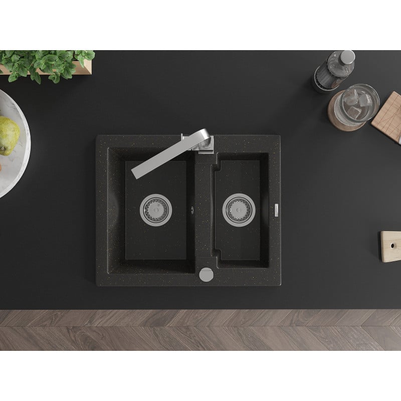Mexen Carlos lavello in granito 1,5 vasche con miscelatore cucina Rita, nero/oro metallizzato - 6518-75-670300-00