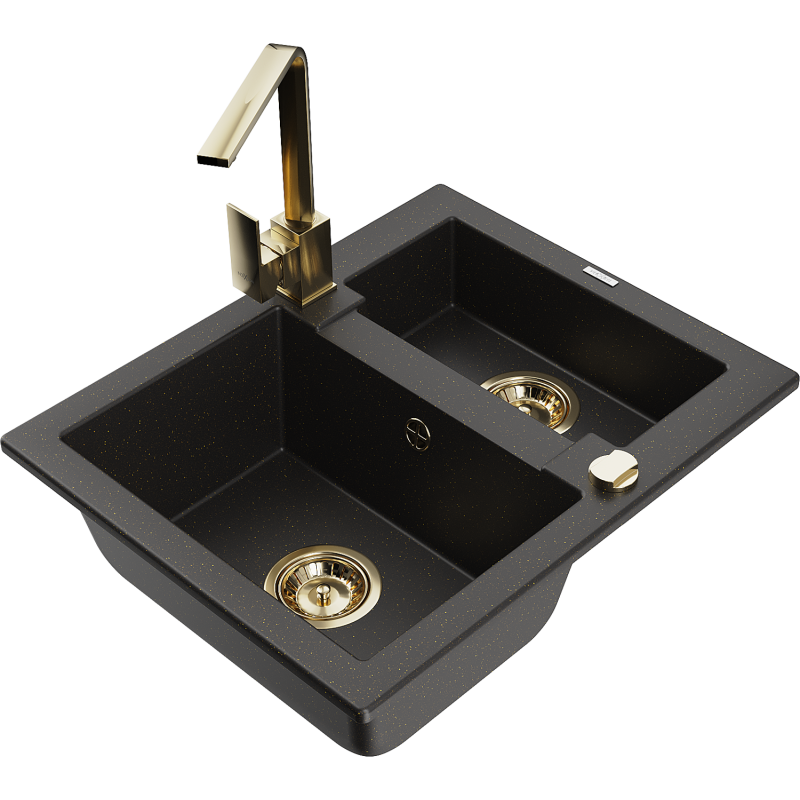 Mexen Carlos graniittinen 1,5-altaan keittiöallas Rita-keittiöhanalla, musta/kultainen metallinhohto - 6518-75-670300-50