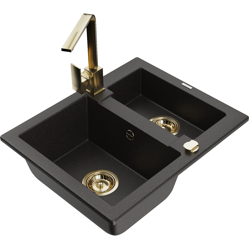 Mexen Carlos granite sink 1.5-bowl with Rita kitchen tap, black/gold metallic - 6518-75-670300-50