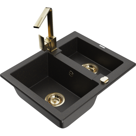 Mexen Carlos granite sink 1.5-bowl with Rita kitchen tap, black/gold metallic - 6518-75-670300-50