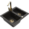 Mexen Carlos granite sink 1.5-bowl with Rita kitchen tap, black/gold metallic - 6518-75-670300-50