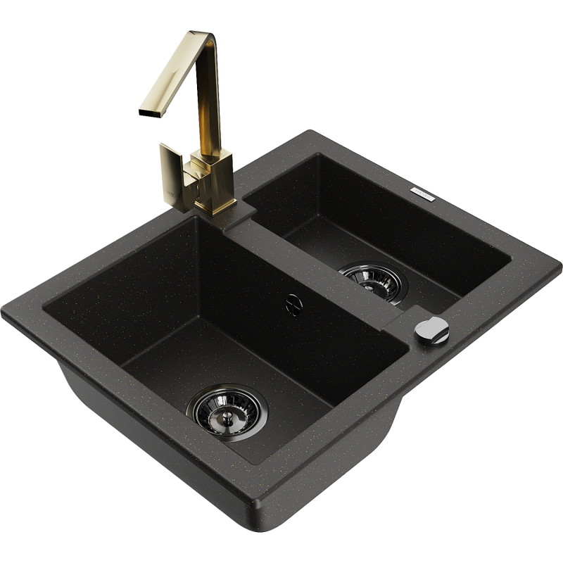 Mexen Carlos 1,5-kammer Spülbecken aus Granit mit Küchenarmatur Rita, schwarz/gold metallic - 6518-75-670300-50-B