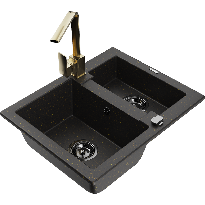 Mexen Carlos granite sink 1.5-bowl with Rita kitchen tap, black/gold metallic - 6518-75-670300-50-B