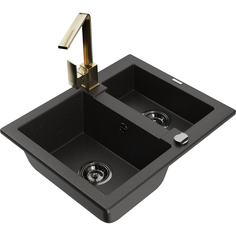 Mexen Carlos lavello in granito a 1,5 vasche con rubinetto da cucina Rita, nero/oro metallizzato - 6518-75-670300-50-B