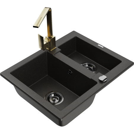 Mexen Carlos granieten spoelbak 1,5-compertiment met keukenkraan Rita, zwart/goud metallic - 6518-75-670300-50-B