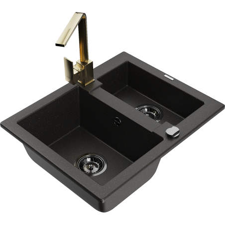 Mexen Carlos lavello in granito a 1,5 vasche con rubinetto da cucina Rita, nero/oro metallizzato - 6518-75-670300-50-B