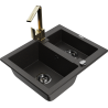 Mexen Carlos Granitspüle 1,5-Kammer mit Küchenarmatur Rita, schwarz/gold metallic - 6518-75-670300-50-B
