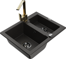 Mexen Carlos lavello in granito a 1,5 vasche con rubinetto da cucina Rita, nero/oro metallizzato - 6518-75-670300-50-B