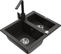 Mexen Carlos 1.5-bowl granite sink with Rita kitchen tap, black/golden metallic - 6518-75-670300-70