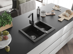 Mexen Carlos 1.5-bowl granite sink with Rita kitchen tap, black/golden metallic - 6518-75-670300-70
