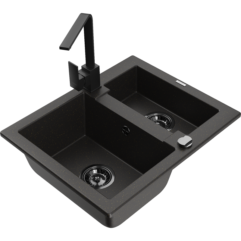 Mexen Carlos graniittinen 1,5-kammioinen keittiöallas ja Rita-keittiöhana, musta/kultainen metallinhohto - 6518-75-670300-70-B