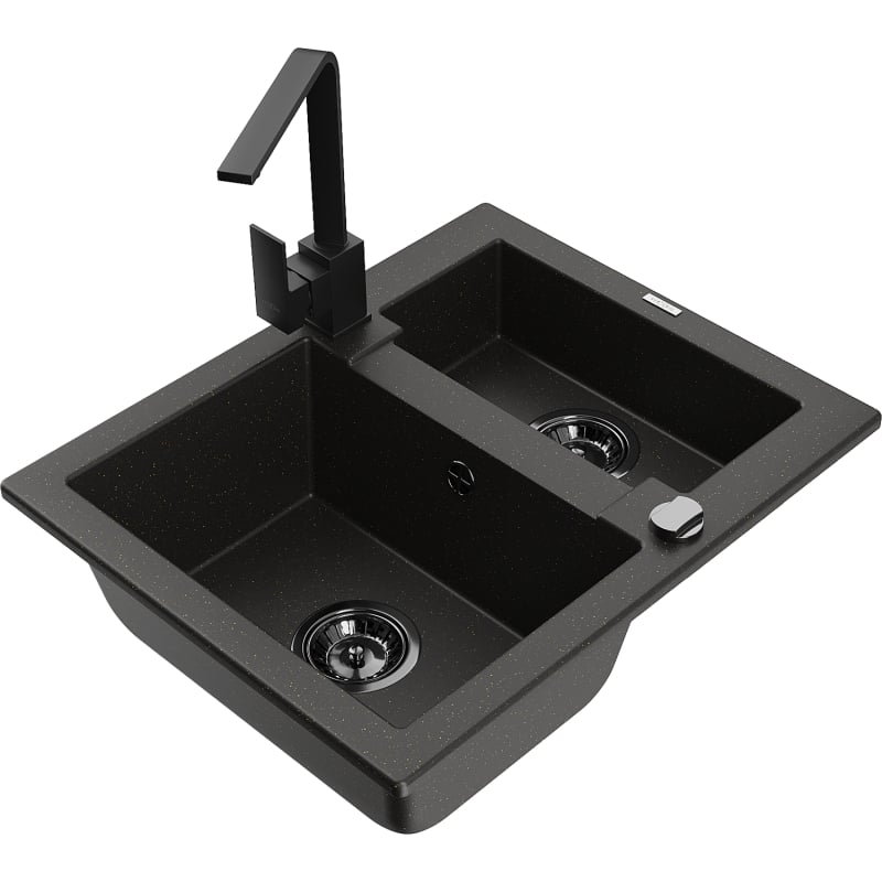 Mexen Carlos granite sink 1.5-bowl with Rita kitchen faucet, black/gold metallic - 6518-75-670300-70-B