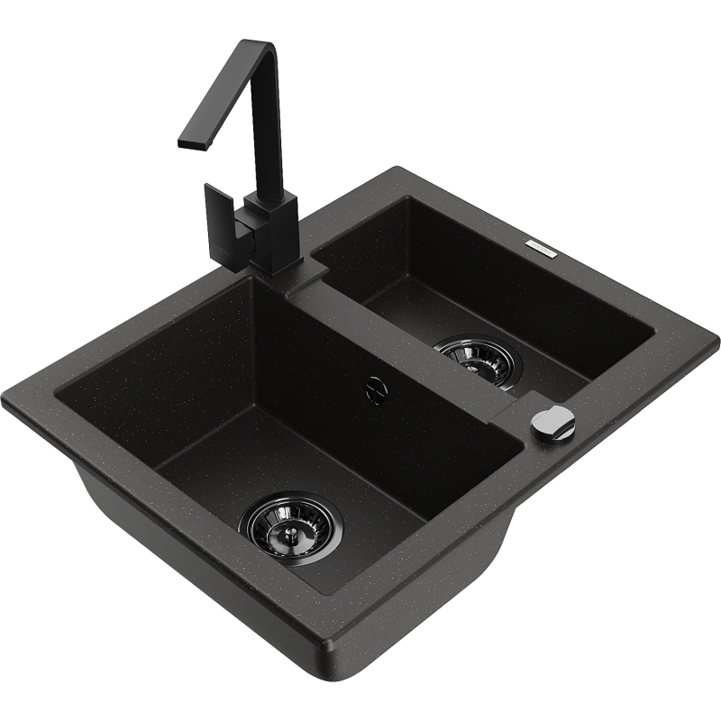 Mexen Carlos Granitspüle 1,5-Becken mit Küchenarmatur Rita, Schwarz/Gold Metallic - 6518-75-670300-70-B