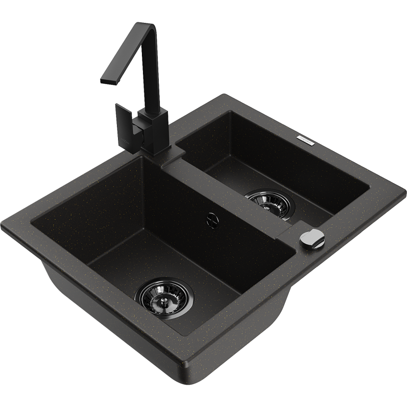 Mexen Carlos lavello in granito a 1,5 vasche con rubinetto da cucina Rita, nero/oro metallizzato - 6518-75-670300-70-B
