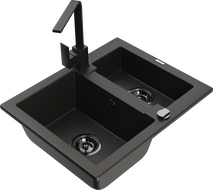Mexen Carlos granite sink 1.5-bowl with Rita kitchen tap, black/gold metallic - 6518-75-670300-70-B