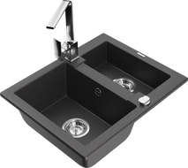 Mexen Carlos granite sink 1.5-bowl with Rita kitchen tap, speckled black - 6518-76-670300-00
