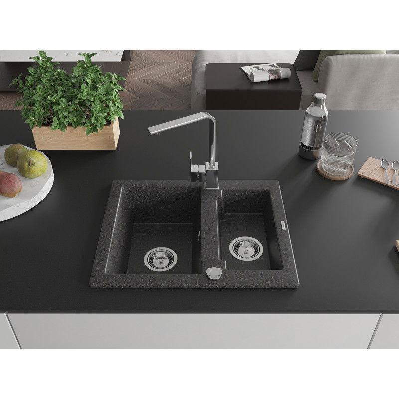 Mexen Carlos granite sink 1.5-bowl with Rita kitchen tap, speckled black - 6518-76-670300-00