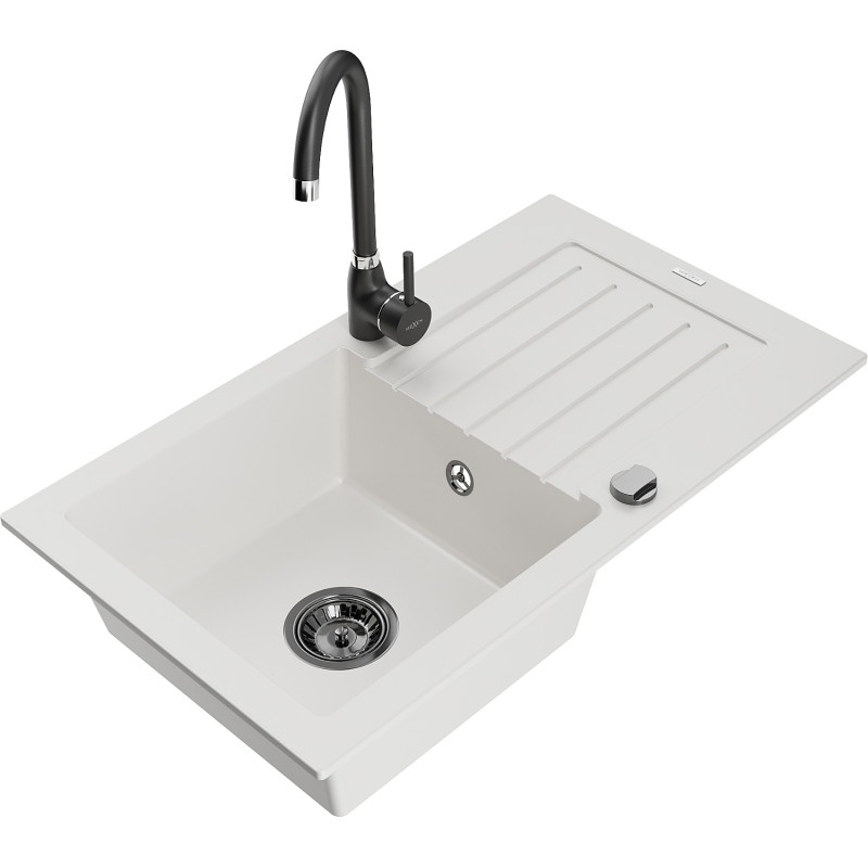Mexen Pablo fregadero de granito de 1 seno con escurridor y grifo de cocina Telma, blanco - 6510-20-670200-70