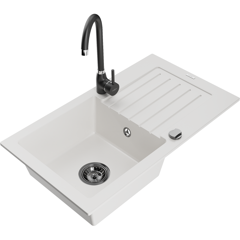 Mexen Pablo granite 1-bowl sink with drainer and Telma kitchen tap, white - 6510-20-670200-70