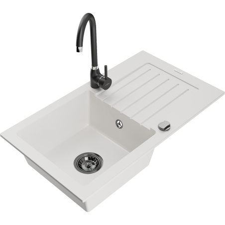 Mexen Pablo granite 1-bowl sink with drainer and Telma kitchen tap, white - 6510-20-670200-70