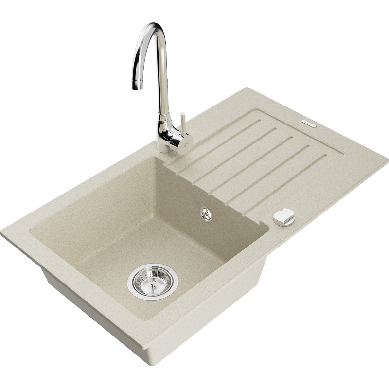 Mexen Pablo granieten gootsteen 1-kompartiment met afdruiprek en keukenmengkraan Telma, beige - 6510-69-670200-00