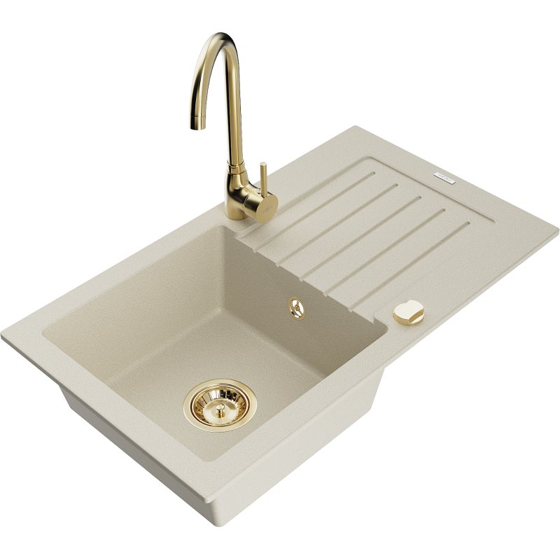Mexen Pablo fregadero de granito de 1 cubeta con escurridor y grifo de cocina Telma, beige - 6510-69-670200-50