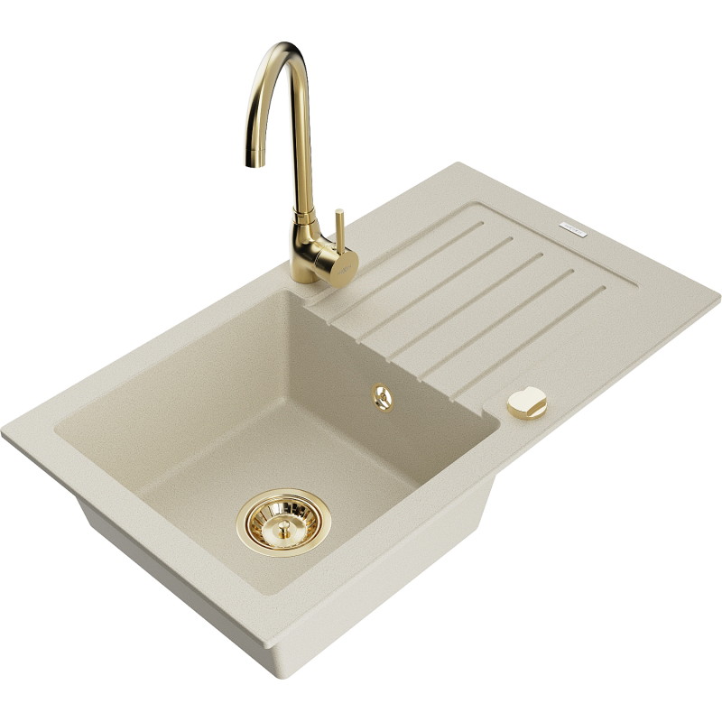 Mexen Pablo fregadero de granito de 1 seno con escurridor y grifo de cocina Telma, beige - 6510-69-670200-50