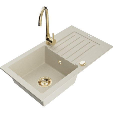 Mexen Pablo 1-bowl granite kitchen sink with drainer and Telma kitchen tap, beige - 6510-69-670200-50