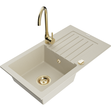 Mexen Pablo fregadero de granito de 1 cubeta con escurridor y grifo de cocina Telma, beige - 6510-69-670200-50
