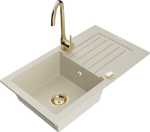Mexen Pablo 1-bowl granite sink with drainer and Telma kitchen faucet, beige - 6510-69-670200-50