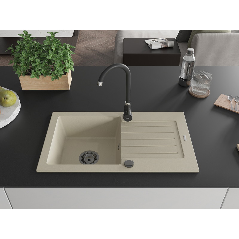 Mexen Pablo fregadero de granito de 1 seno con escurridor y grifo de cocina Telma, beige - 6510-69-670200-70