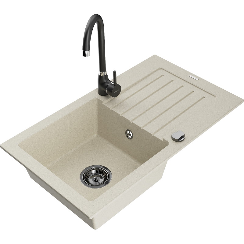 Mexen Pablo fregadero de granito de 1 seno con escurridor y grifo de cocina Telma, beige - 6510-69-670200-70