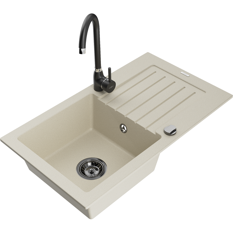 Mexen Pablo lava-loiça de granito 1-comporta com escorredor e torneira de cozinha Telma, bege - 6510-69-670200-70
