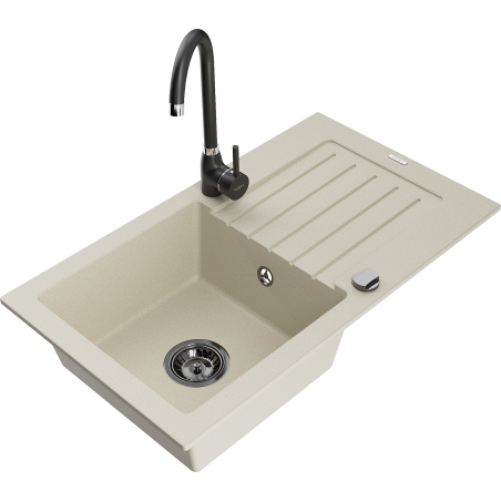 Mexen Pablo évier en granit 1 cuve avec égouttoir et robinet de cuisine Telma, beige - 6510-69-670200-70