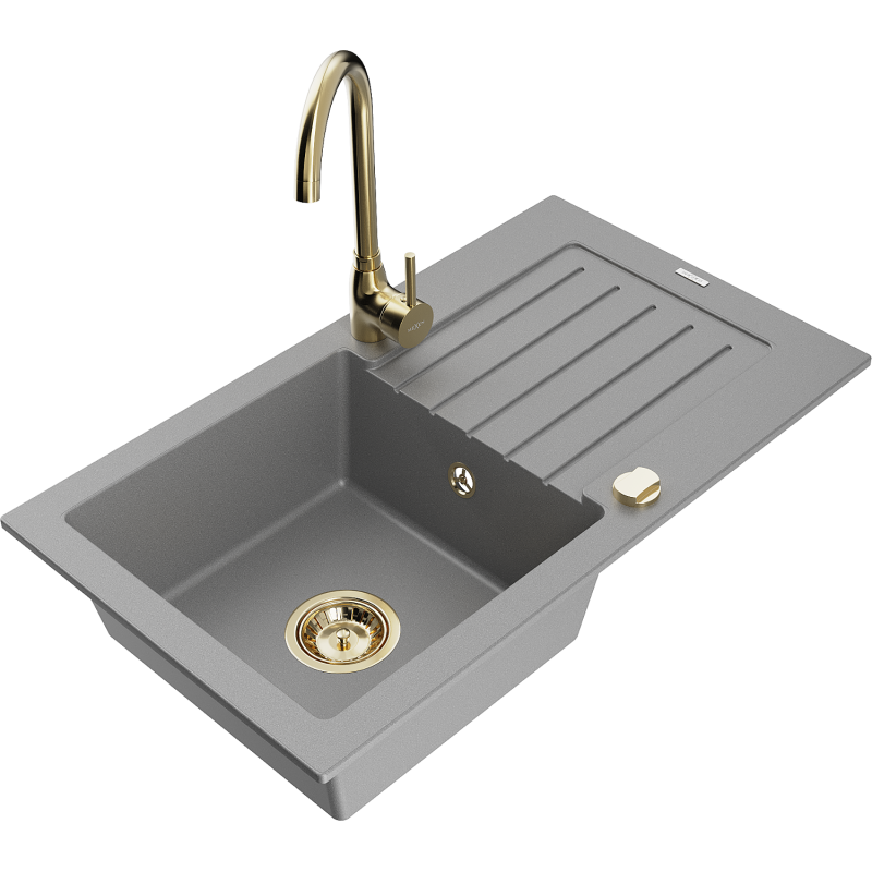 Mexen Pablo 1-bowl granite sink with drainer and Telma kitchen tap, grey - 6510-71-670200-50