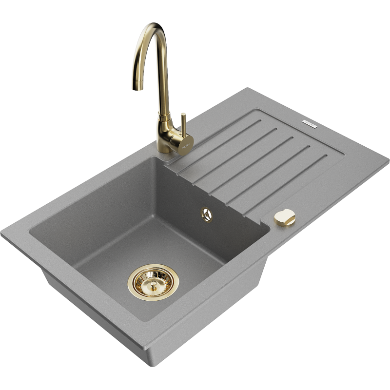 Mexen Pablo granitdiskbänk med 1 fack, avlopp och köksblandare Telma, grå - 6510-71-670200-50
