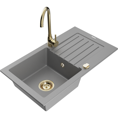 Mexen Pablo 1-bowl granite sink with drainer and Telma kitchen tap, grey - 6510-71-670200-50