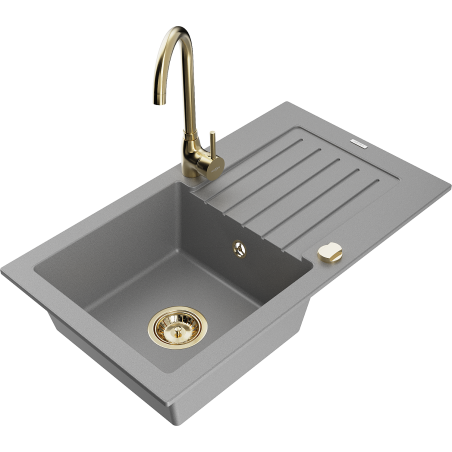 Mexen Pablo fregadero de granito de 1 cámara con escurridor y grifo de cocina Telma, gris - 6510-71-670200-50