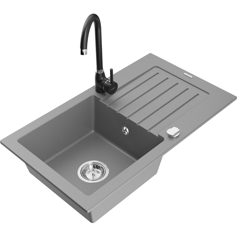 Mexen Pablo 1-bowl granite sink with drainer and Telma kitchen tap, grey - 6510-71-670200-70