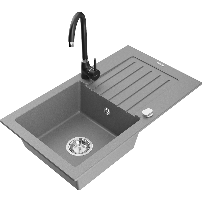 Mexen Pablo fregadero de granito 1-cámara con escurridor y grifo de cocina Telma, gris - 6510-71-670200-70