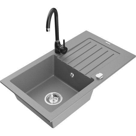 Mexen Pablo fregadero de granito 1-cámara con escurridor y grifo de cocina Telma, gris - 6510-71-670200-70